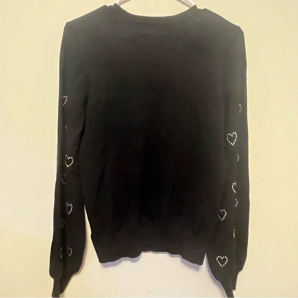 Marled Black Crew Neck Sweater Heart Rhinestones Size XSmall NWT - Picture 2 of 9